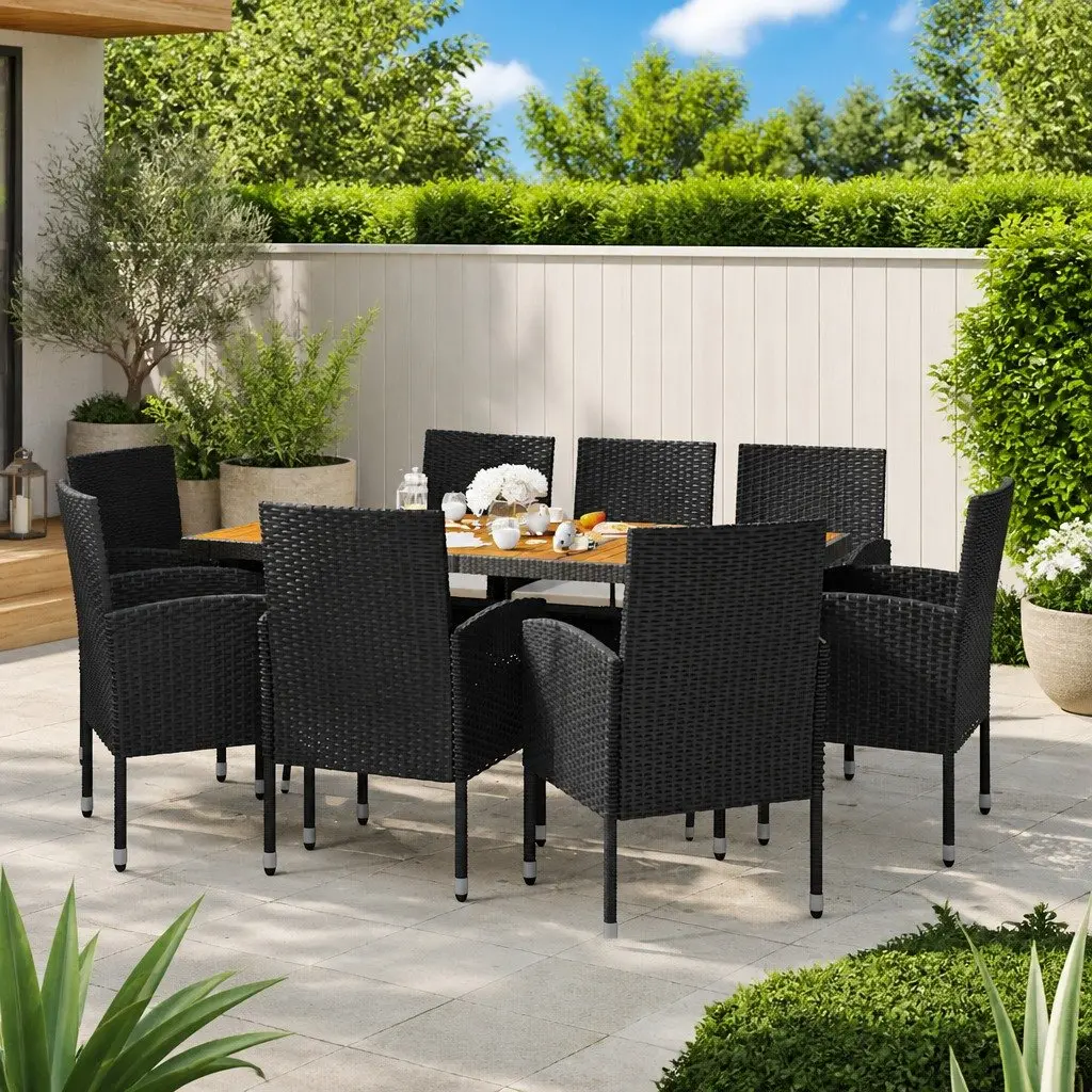 9 Piece Outdoor Dining Set PE Rattan Steel Frame Acacia Wood Table Black