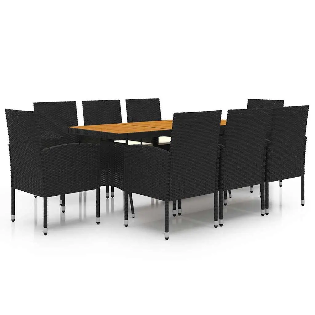 9 Piece Outdoor Dining Set PE Rattan Steel Frame Acacia Wood Table Black