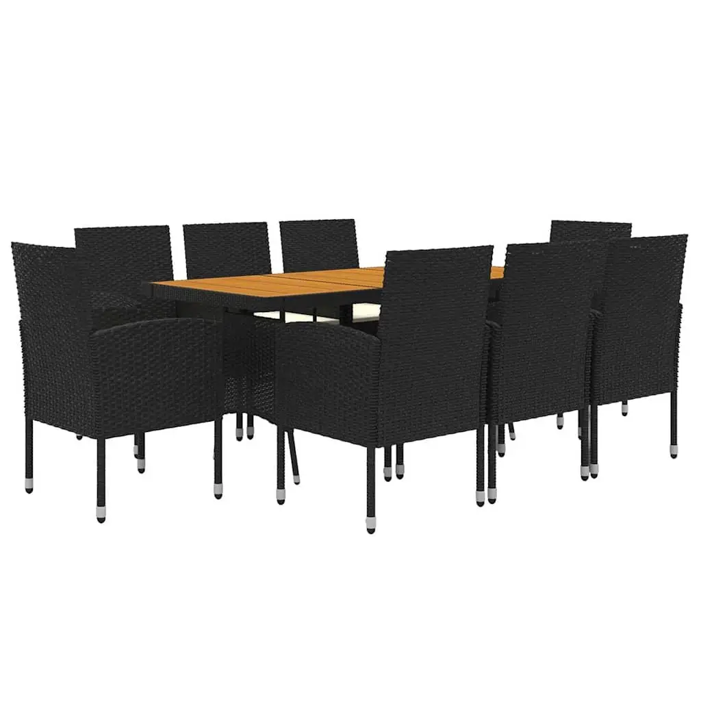 9 Piece Outdoor Dining Set PE Rattan Steel Frame Acacia Wood Table Black