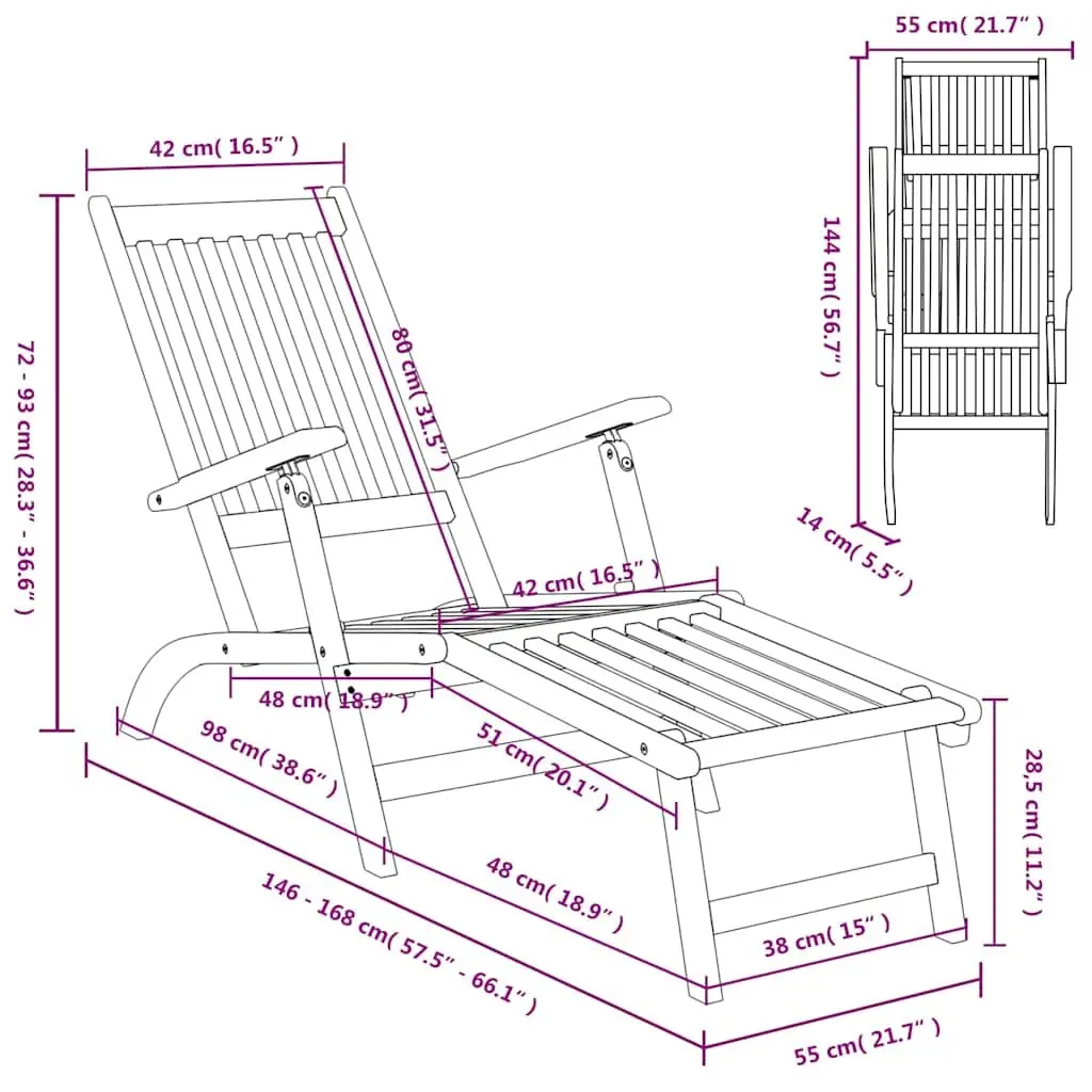 Deck Chair Solid Acacia Wood Adjustable Brown with Footrest and Table