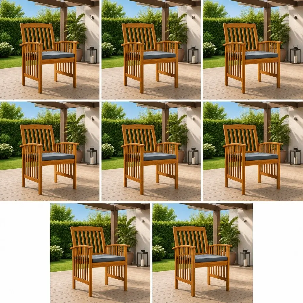 Outdoor Dining Chairs Solid Wood Acacia 8 Piece Set with Grey Cushions