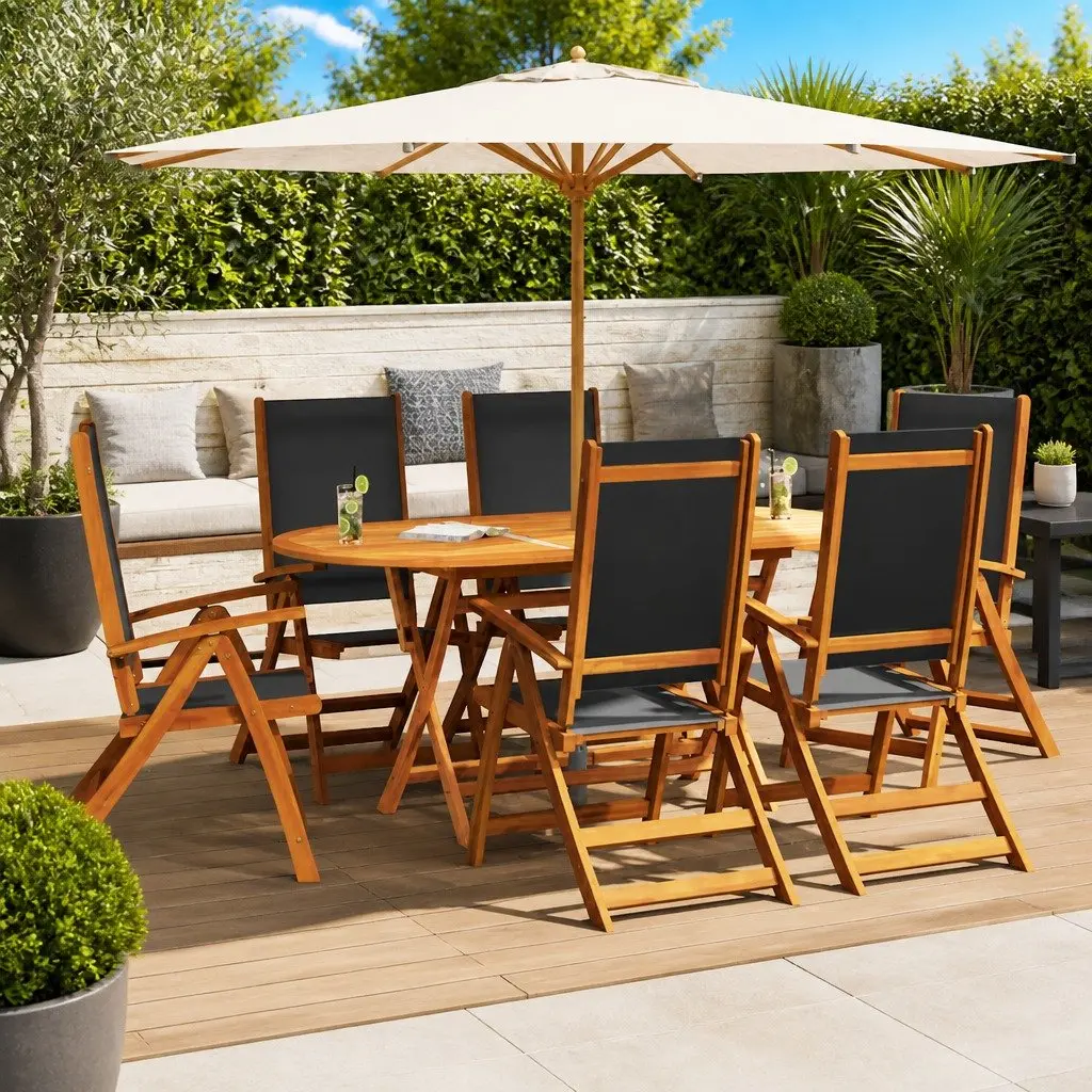 Outdoor Folding Garden Chairs Set 6 pcs Wood Patio Seating Adjustable Backrest