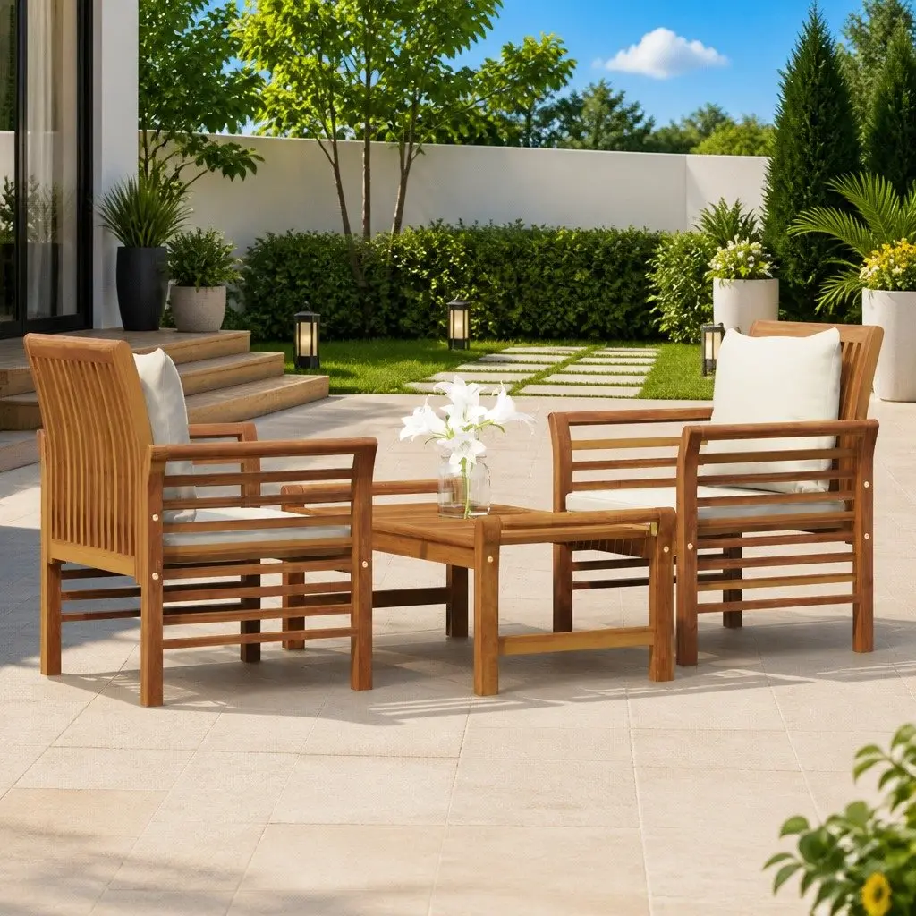 3 Piece Outdoor Lounge Set Solid Acacia Wood Brown with Removable Cushions