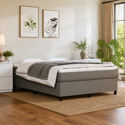 Box Spring Bed Frame Dark Grey Fabric Bedroom Bed with Plywood Slats