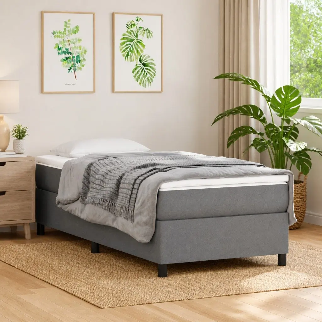 Box Spring Bed Frame Grey Fabric King Single Durable Plywood Supportive Legs