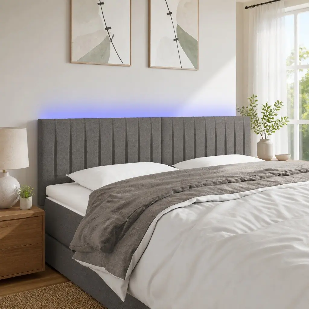 LED Headboard 144cm Dark Grey Fabric Bed Head Modern Bedroom Backrest Support