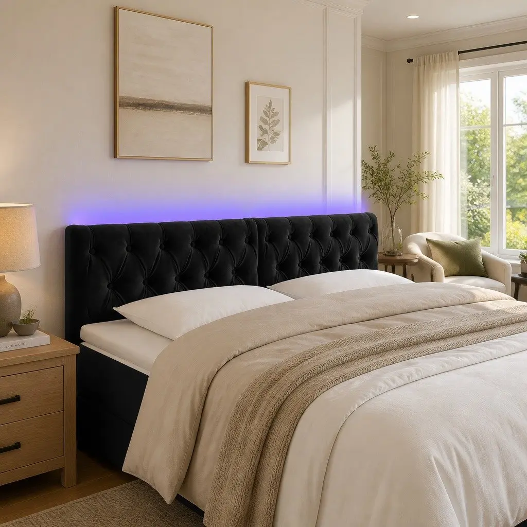 LED Headboard Velvet 144 cm Black Modern Upholstered Bed Frame