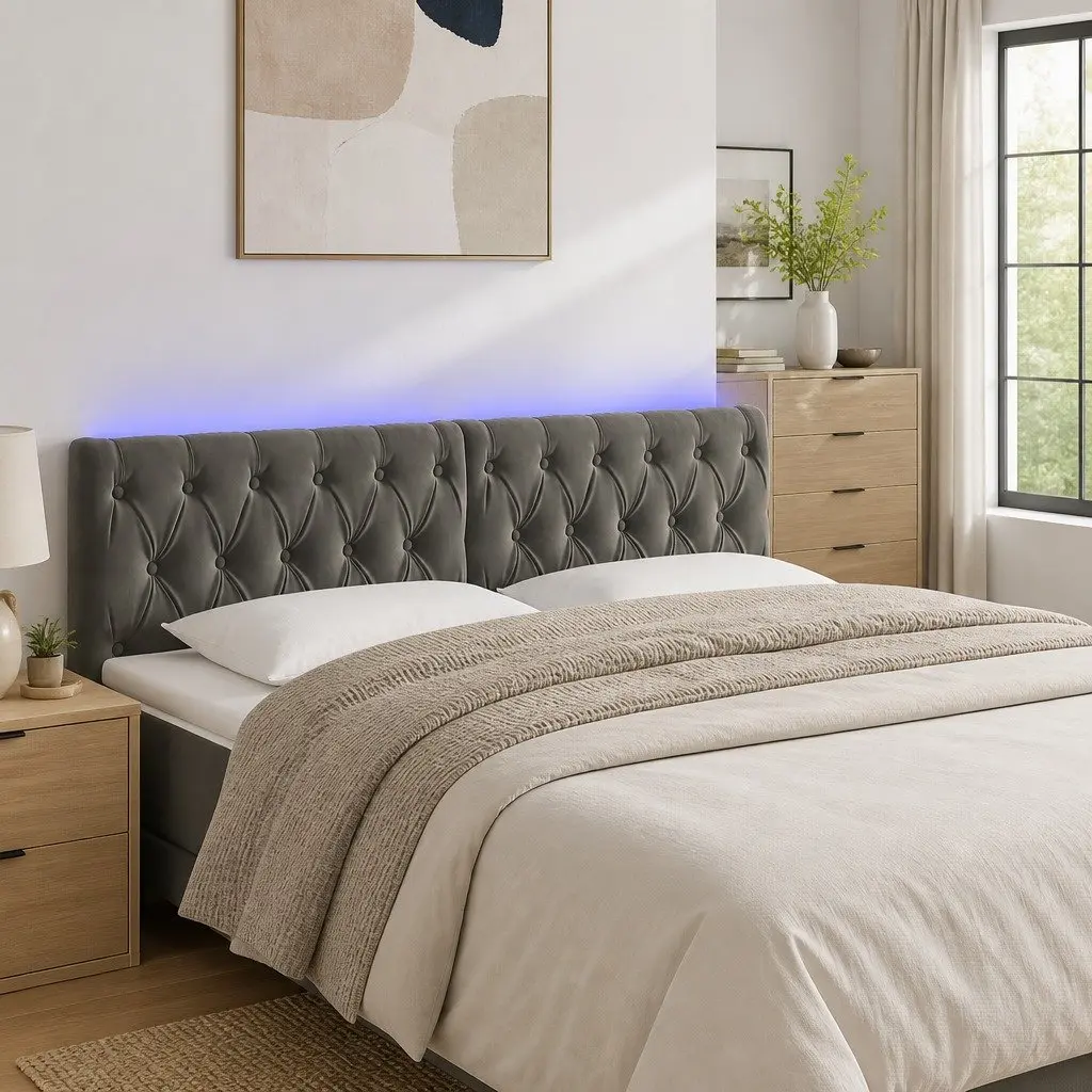 LED Headboard Velvet Adjustable Height Grey 160x7x78/88 cm