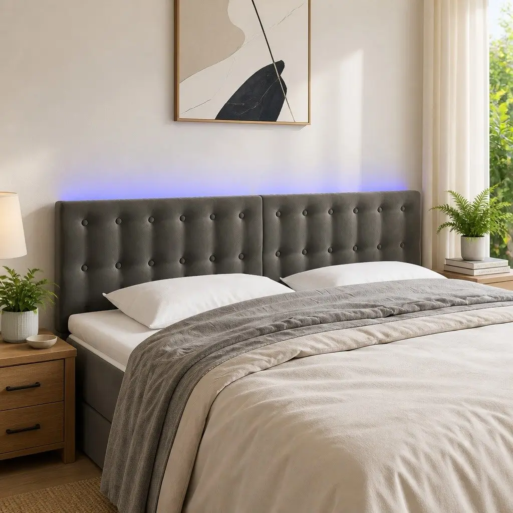 LED Headboard in Dark Grey Velvet for Bedroom Use