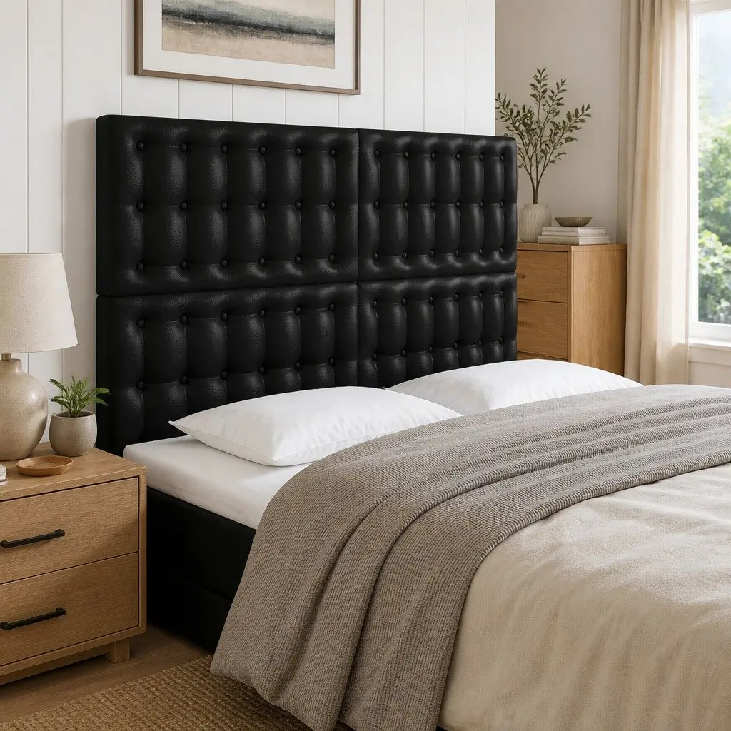 LED Headboard Adjustable Black Faux Leather 144cm Modern Wall Mount with Coloured Lighting
