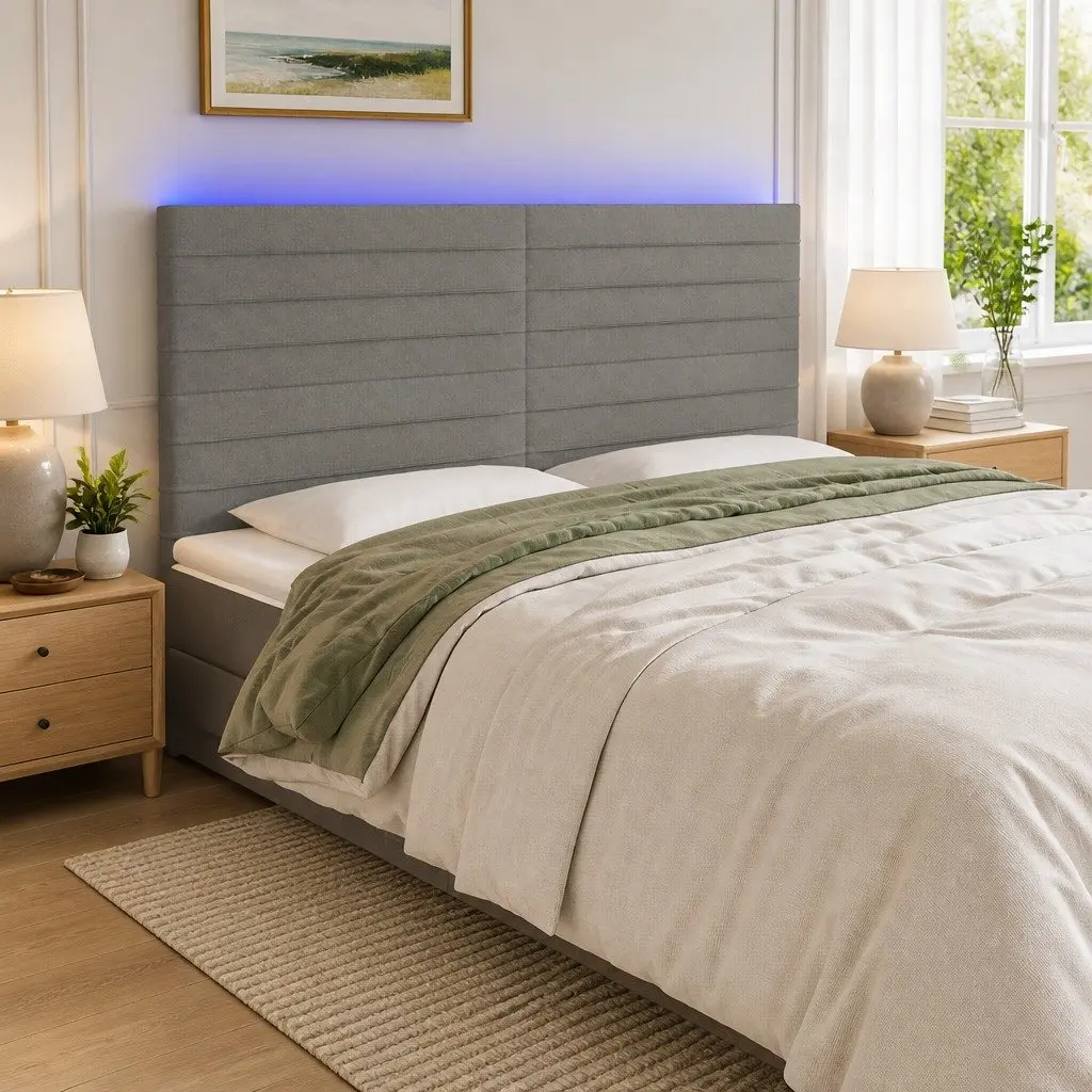 LED Headboard 160cm Dark Grey Fabric Bed Adjustable Height Modern Bedroom