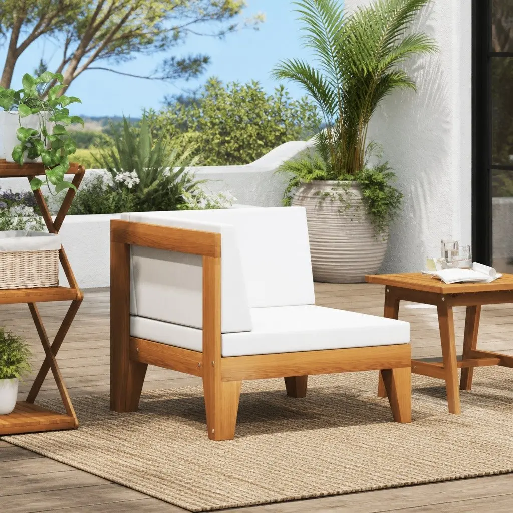 Outdoor Corner Sectional Sofa Solid Acacia Wood White Cushions Modular Lounge Seating Unit