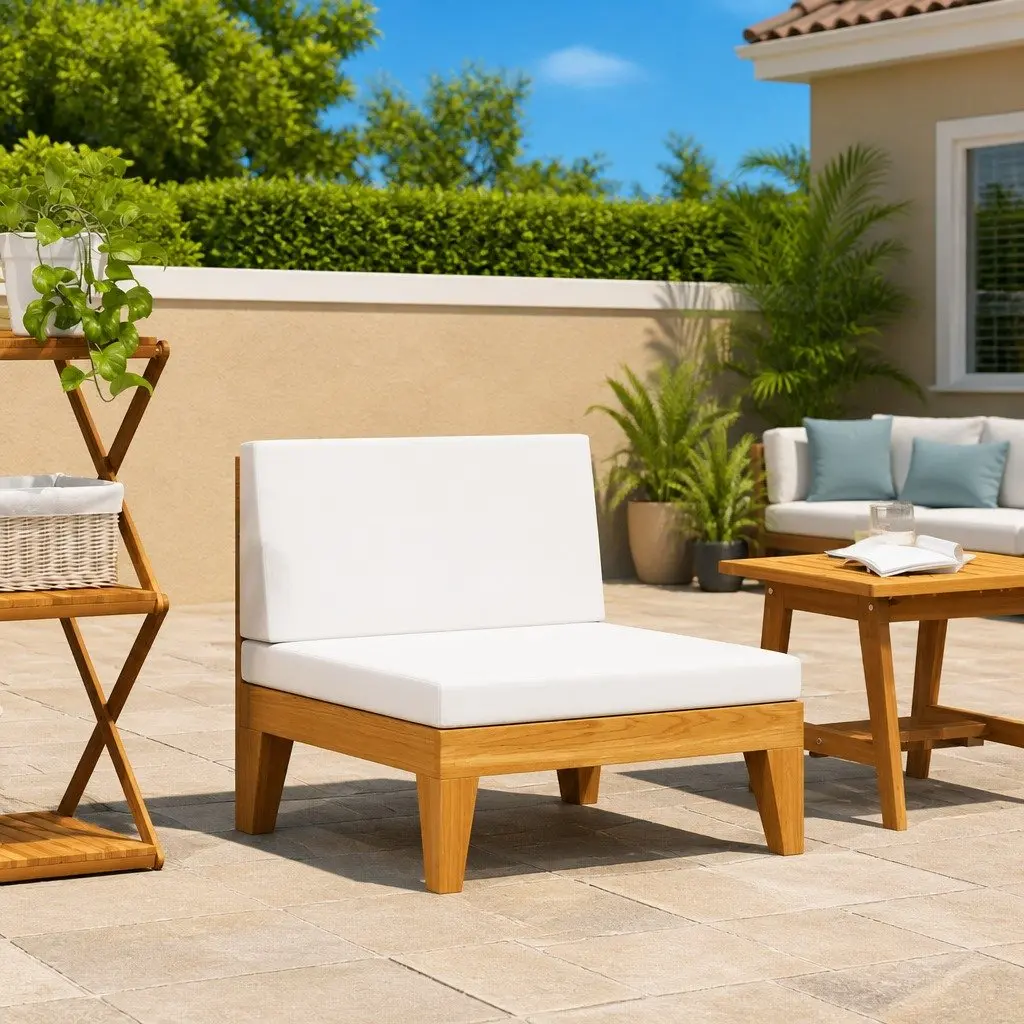 Outdoor Middle Seat Sofa Solid Acacia Wood White Cushions Sectional Garden
