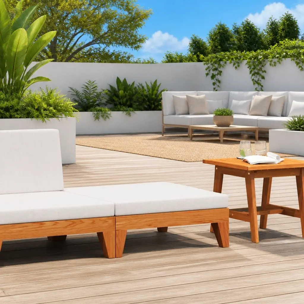 Outdoor Sectional Footrest Ottoman with Cushion Solid Wood Lounge Garden Patio