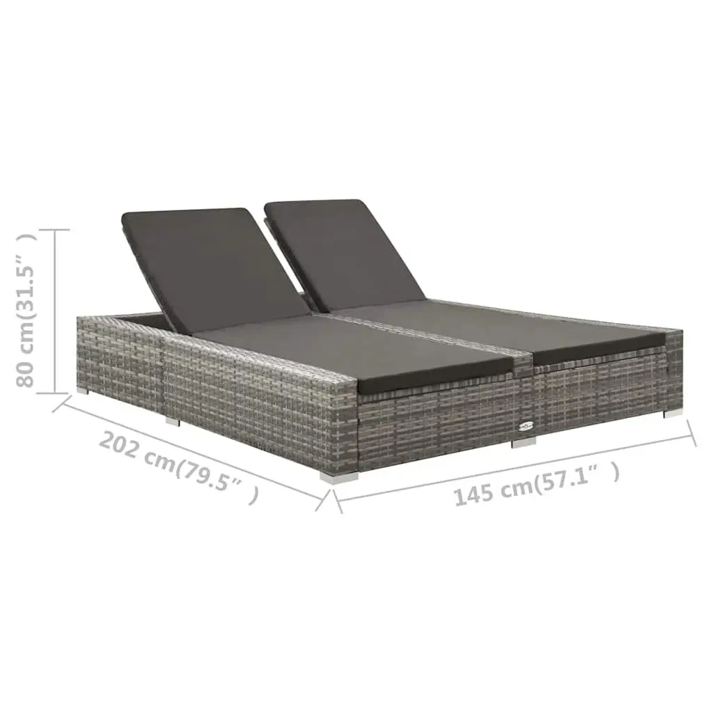 Double Sun Lounger PE Rattan Adjustable Backrest Grey