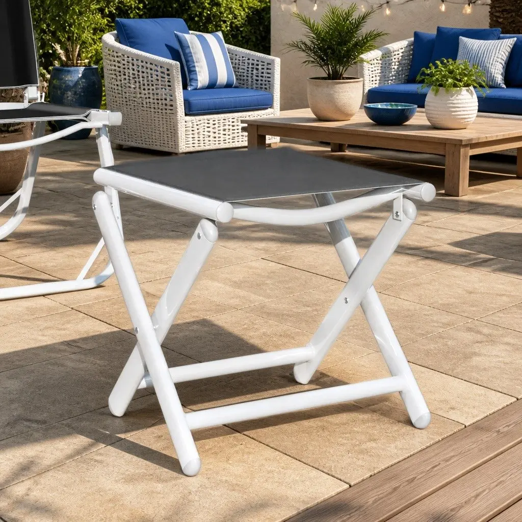 Folding Footrest Aluminium Textilene Black Outdoor Portable Garden Patio Furniture