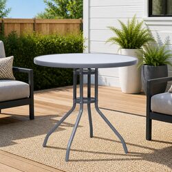 Round Garden Table 80cm Outdoor Dining Glass Top Steel Frame Grey