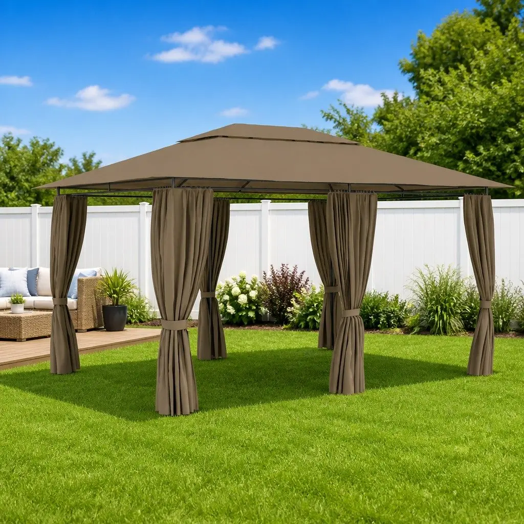 Garden Pavilion Canopy Gazebo 4x3m Taupe Water-Resistant Vented Roof with Adjustable Curtains