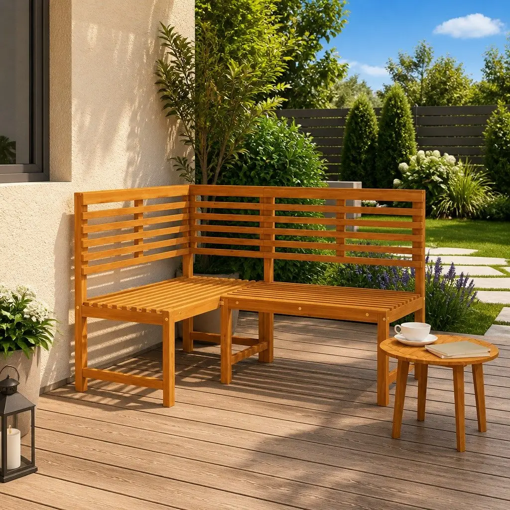 Garden Corner Bench Solid Acacia Wood 140 cm Natural Wood Outdoor Sectional Seating Unit