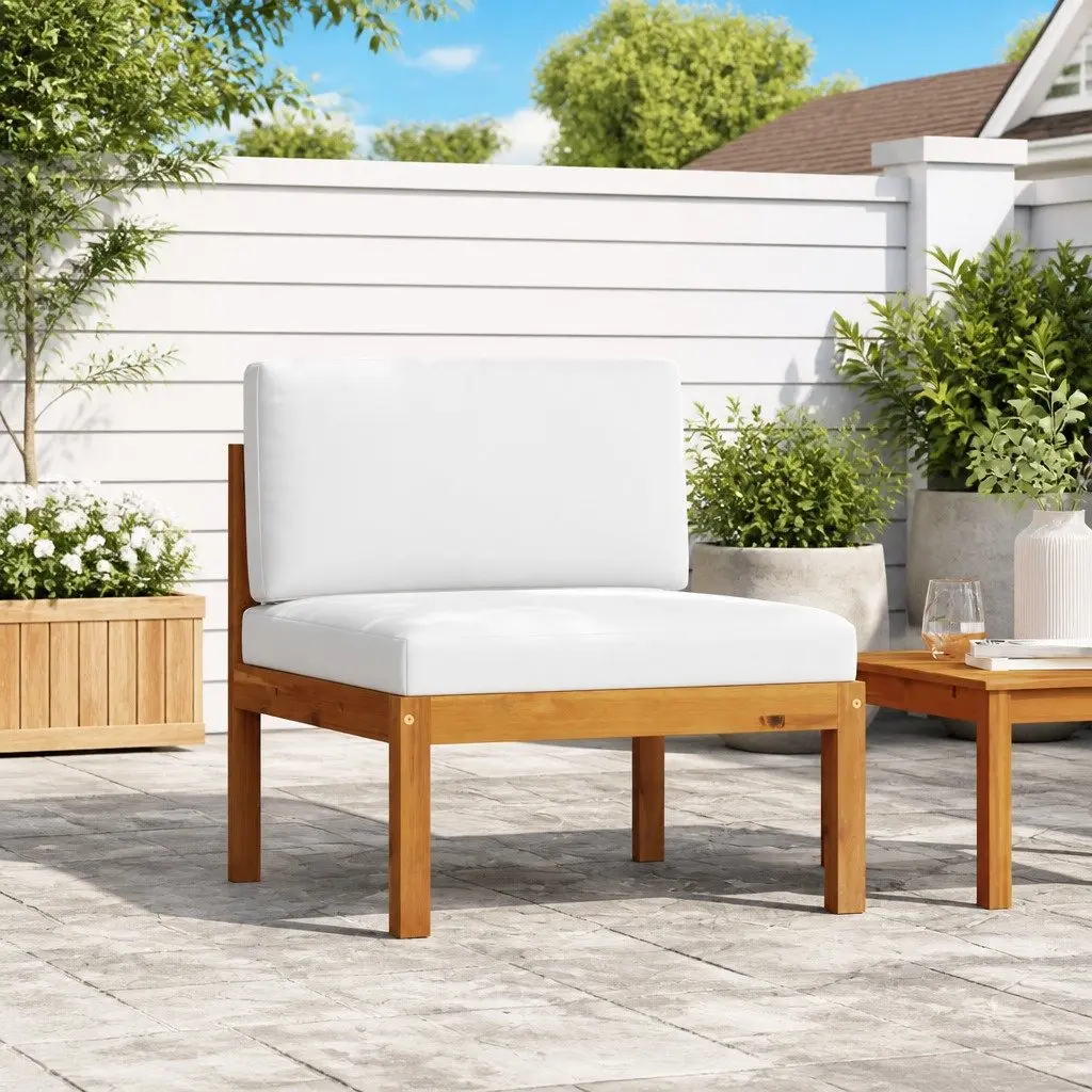Garden Middle Sofa Modular Outdoor Sectional Seating Solid Acacia Wood White Rope-Woven Backrest Removable Cushions