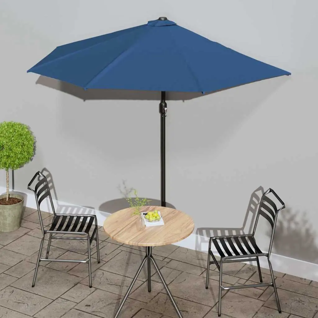 Half Round Parasol UV Protective Polyester Blue Outdoor Shade Umbrella with Aluminium Pole and Steel Ribs