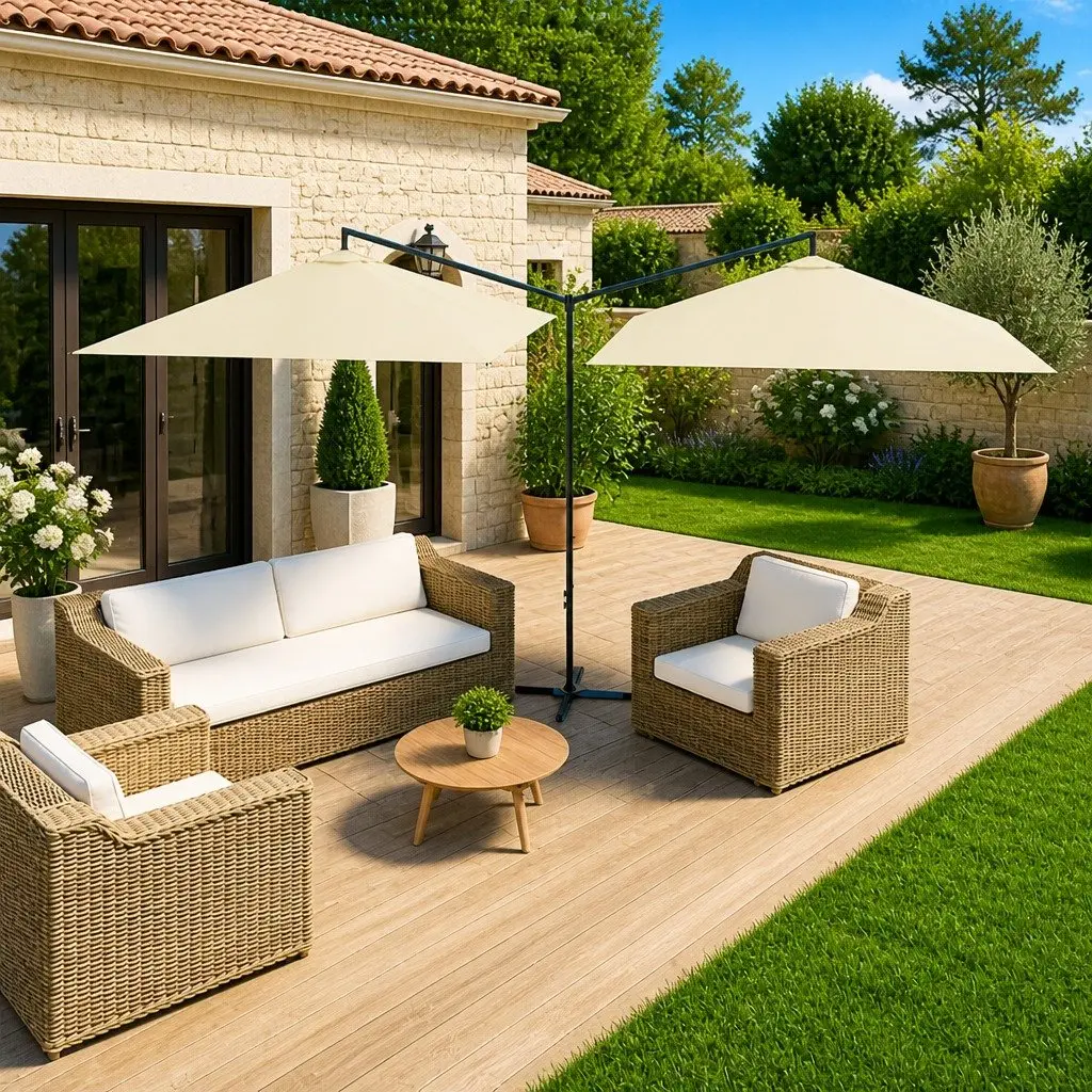 Double Garden Parasol Polyester Canopy Steel Pole 600x300cm Beige