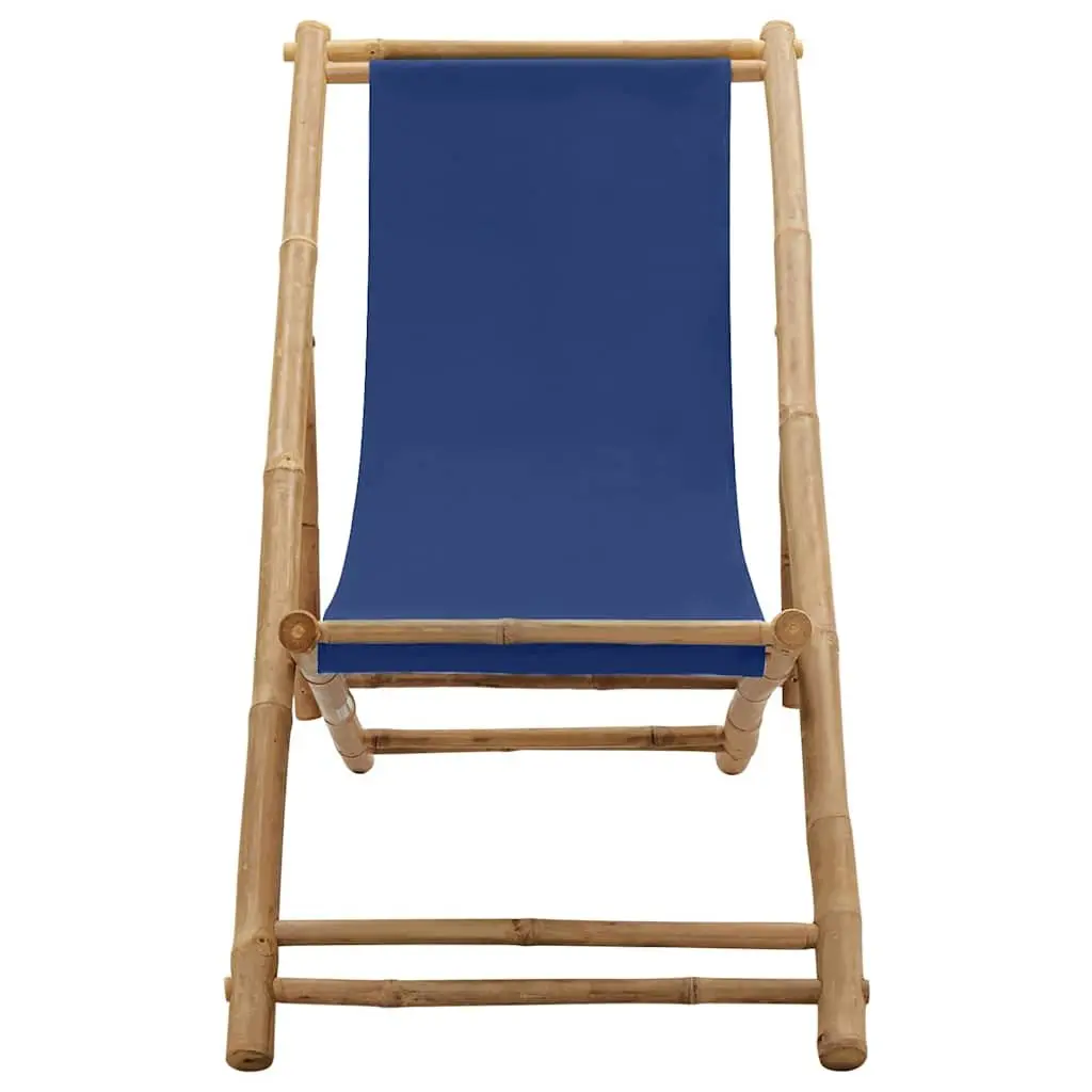 Bamboo Canvas Deck Chair Navy Blue Adjustable 4 Position Foldable Outdoor Furniture