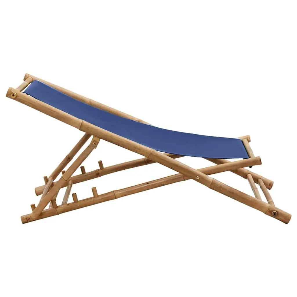 Bamboo Canvas Deck Chair Navy Blue Adjustable 4 Position Foldable Outdoor Furniture