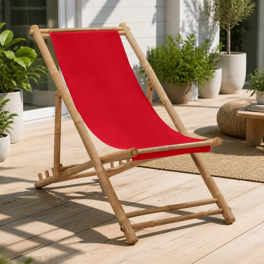 Bamboo Deck Chair Foldable Red Canvas 4 Position Outdoor Garden Beach Camping