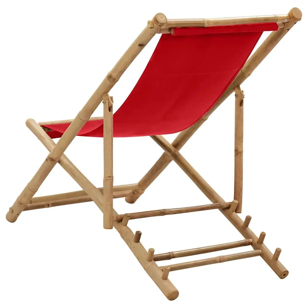 Bamboo Deck Chair Foldable Red Canvas 4 Position Outdoor Garden Beach Camping