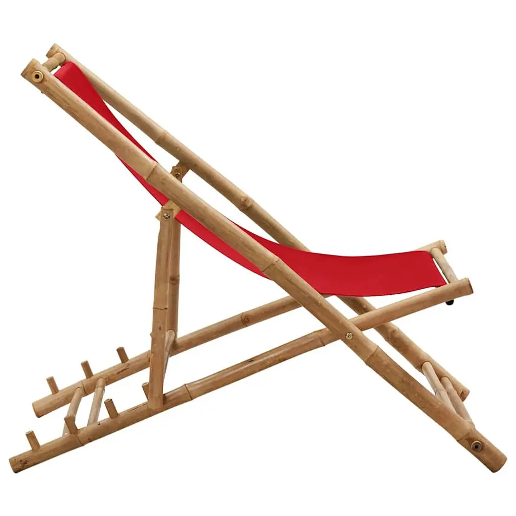Bamboo Deck Chair Foldable Red Canvas 4 Position Outdoor Garden Beach Camping