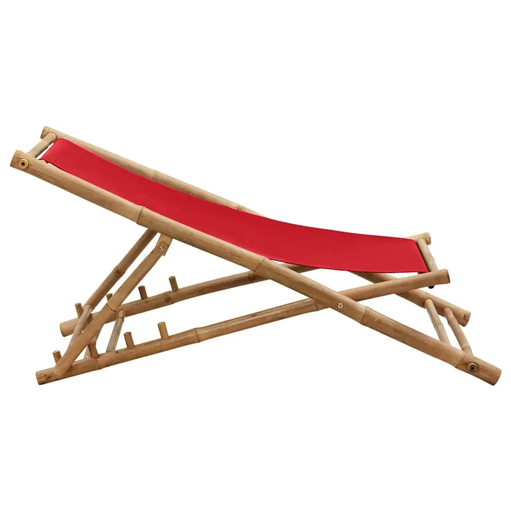 Bamboo Deck Chair Foldable Red Canvas 4 Position Outdoor Garden Beach Camping