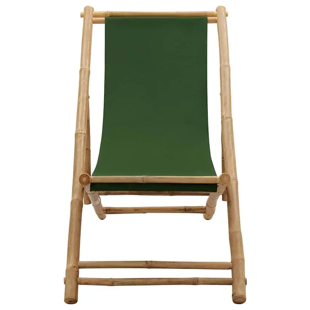 Bamboo Deck Chair Green Canvas Foldable 4-Position Adjustable for Beach and Garden