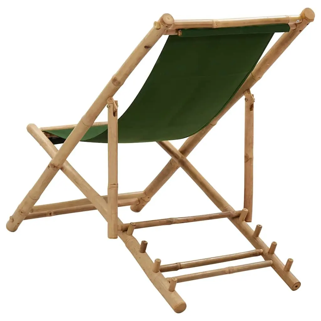 Bamboo Deck Chair Green Canvas Foldable 4-Position Adjustable for Beach and Garden