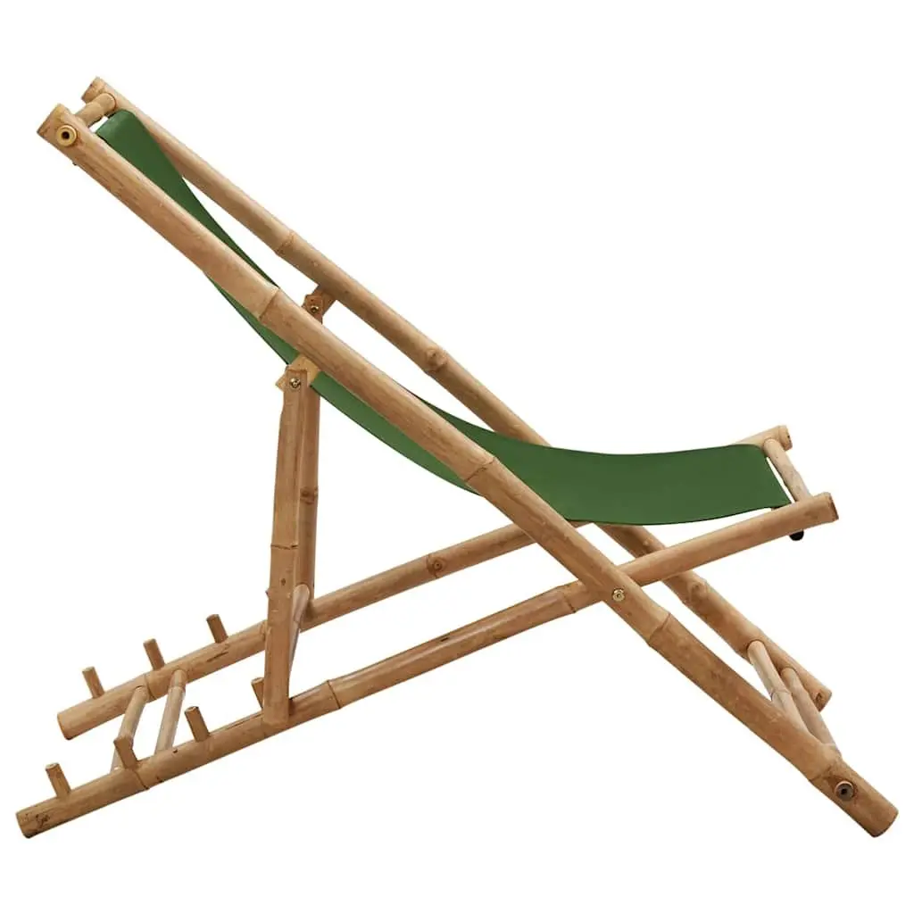Bamboo Deck Chair Green Canvas Foldable 4-Position Adjustable for Beach and Garden