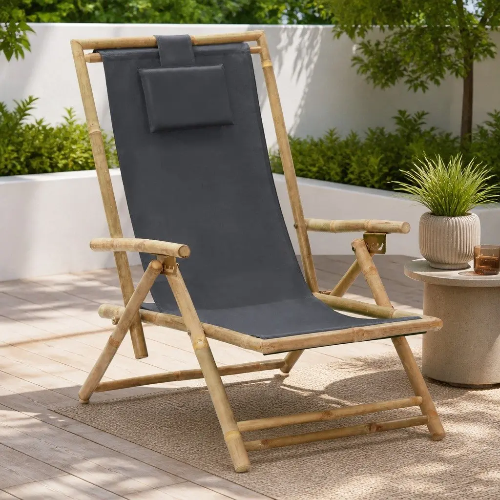 Folding Reclining Chair Bamboo Frame Grey Fabric Outdoor