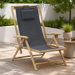 Outdoor Reclining Chair Folding Garden Seating Grey Fabric Bamboo Frame