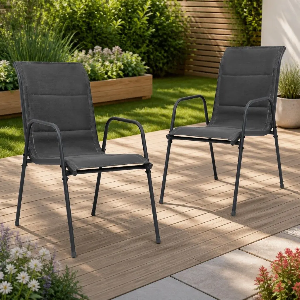 Outdoor Dining Chairs Stackable Steel Frame Textilene Fabric Anthracite 2 Piece