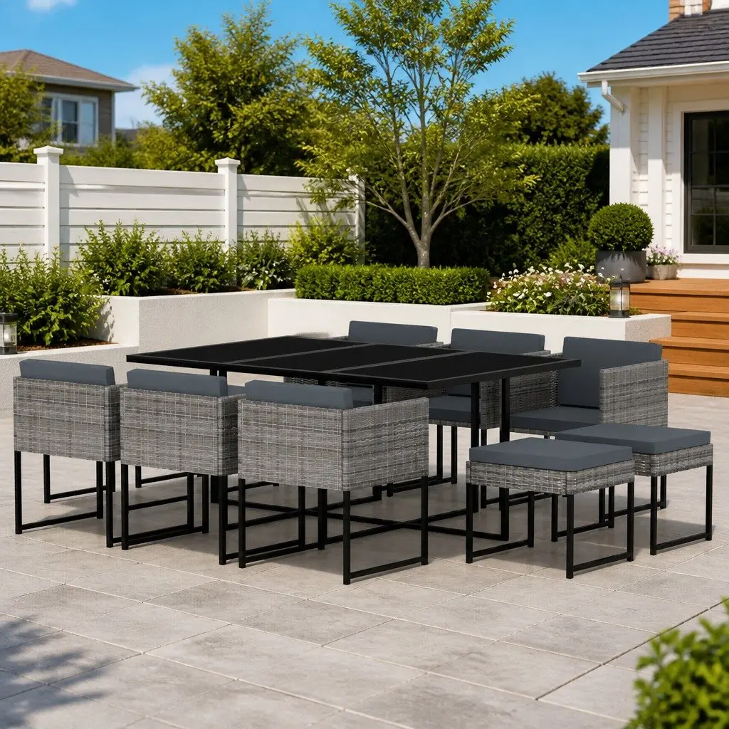 Garden Dining Set Poly Rattan Tempered Glass 11 Piece Outdoor Patio Furniture Grey Cushions