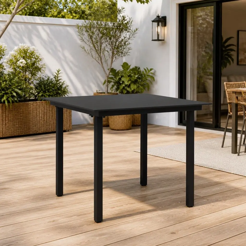 Garden Dining Table Steel Frame Glass Top 80x80x74 Black