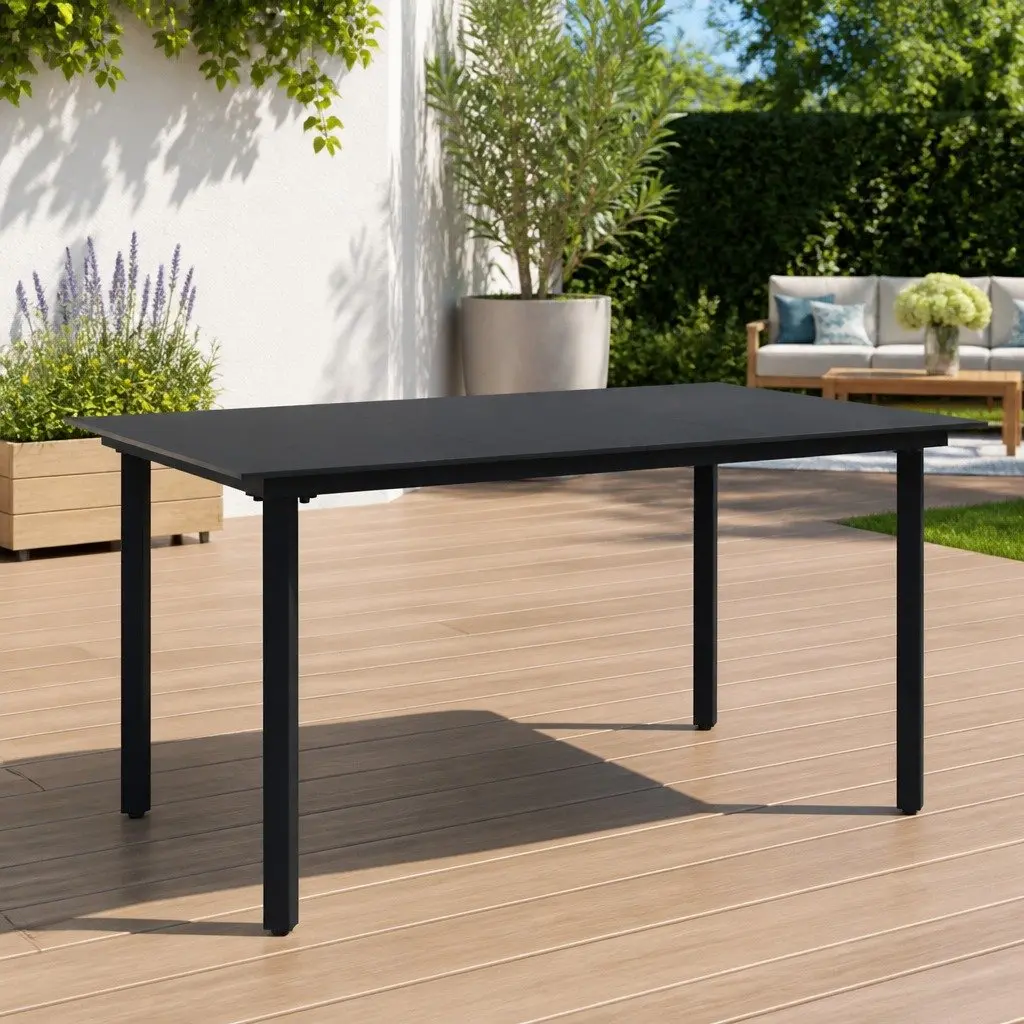Garden Dining Table Steel Frame Glass Tabletop 150 x 80 x 74 cm Black
