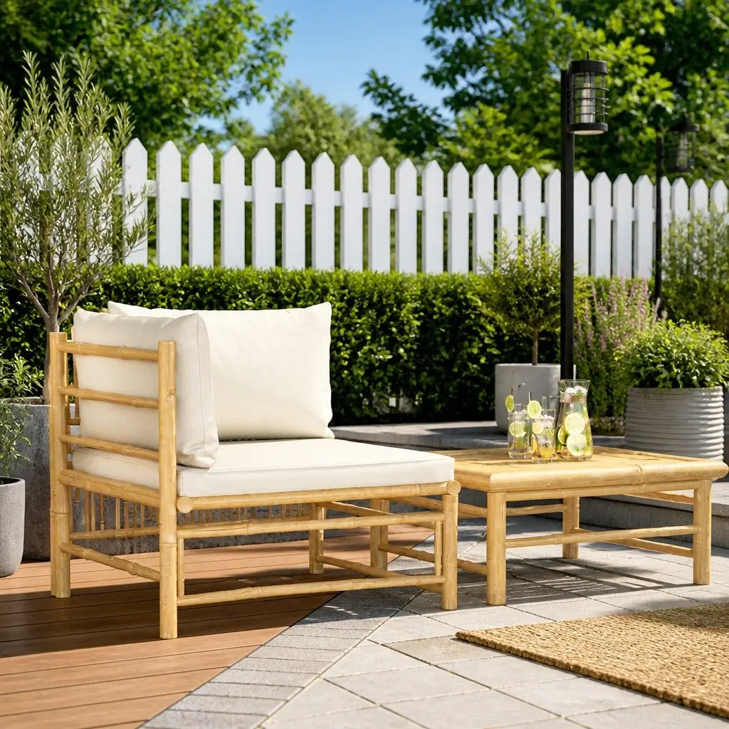 Bamboo Modular Sectional Garden Lounge Set 2 Piece with White Cushions and Side Table
