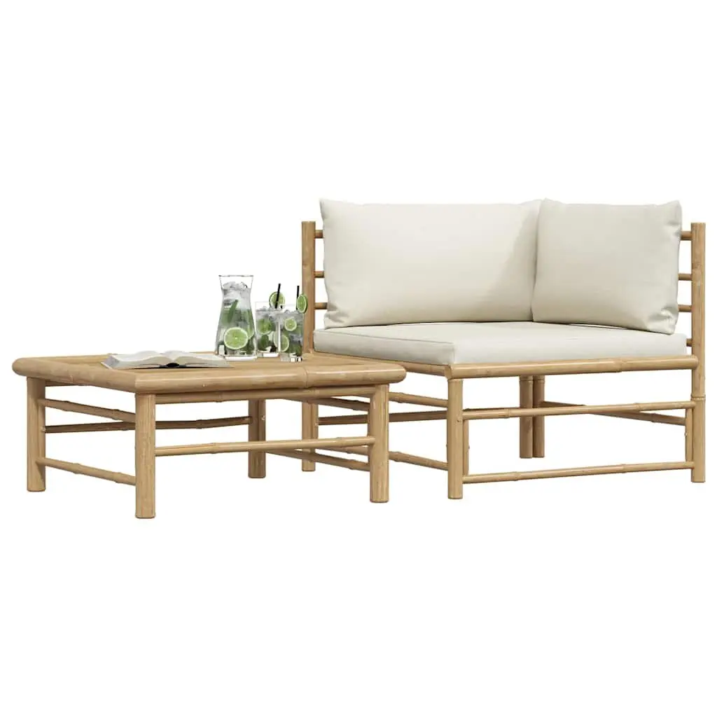 Bamboo Modular Sectional Garden Lounge Set 2 Piece with White Cushions and Side Table