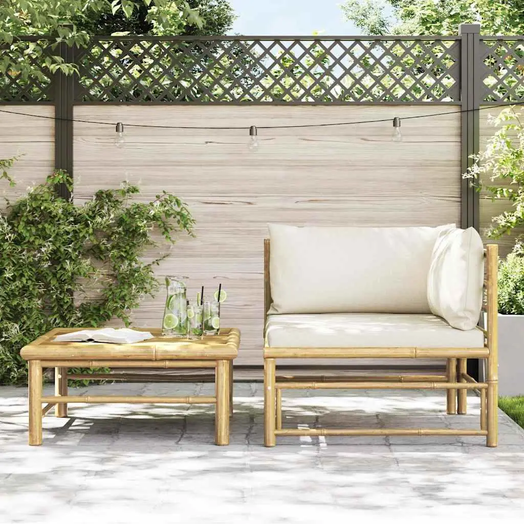 Bamboo Modular Sectional Garden Lounge Set 2 Piece with White Cushions and Side Table