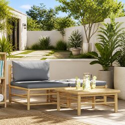 3 Piece Outdoor Garden Lounge Set Bamboo Sectional Sofa with Grey Cushions