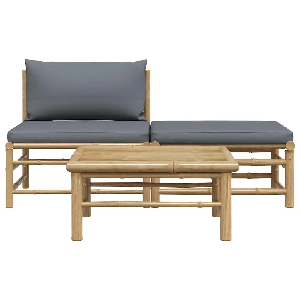 3 Piece Outdoor Garden Lounge Set Bamboo Sectional Sofa with Grey Cushions