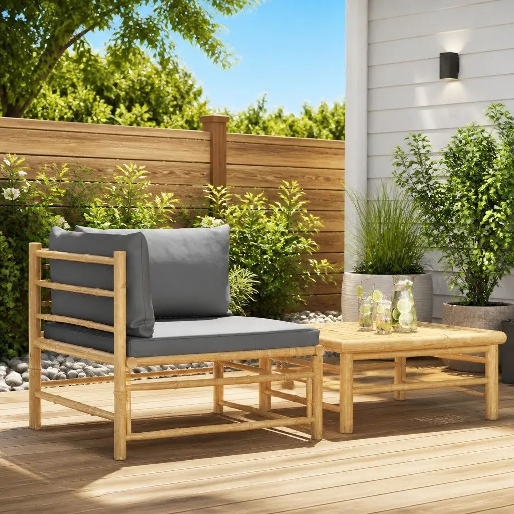 2 Piece Modular Bamboo Outdoor Lounge Set with Dark Grey Cushions