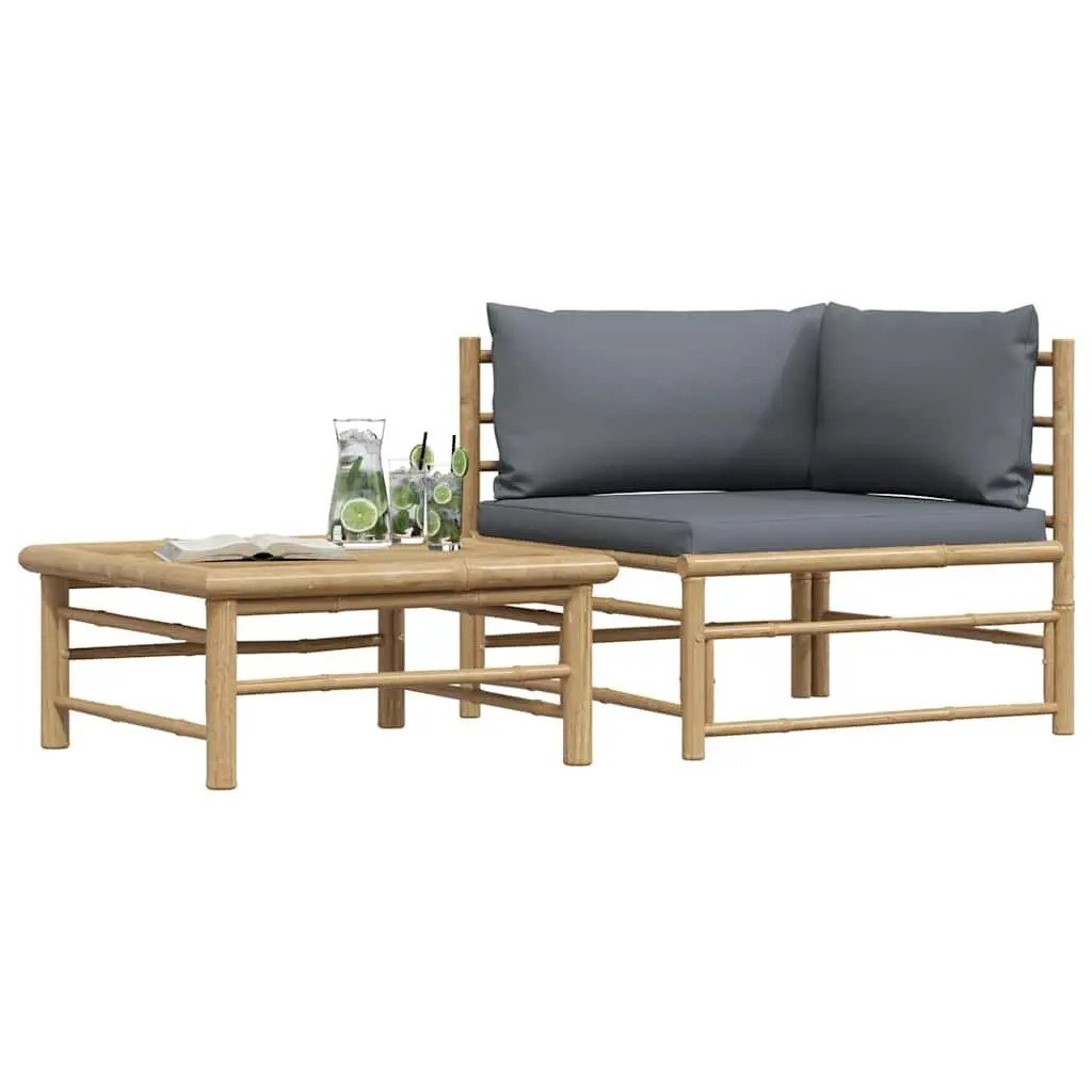 2 Piece Modular Bamboo Outdoor Lounge Set with Dark Grey Cushions