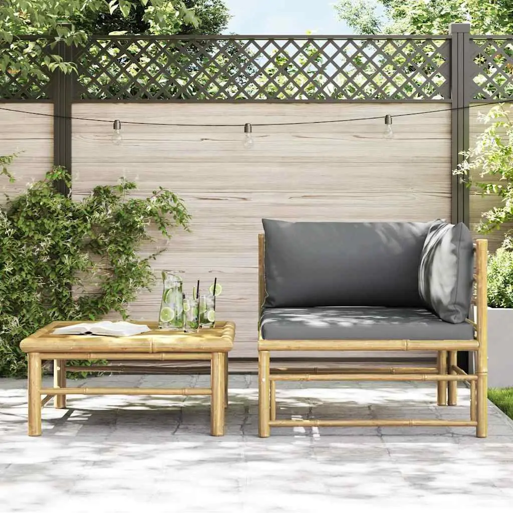 2 Piece Modular Bamboo Outdoor Lounge Set with Dark Grey Cushions