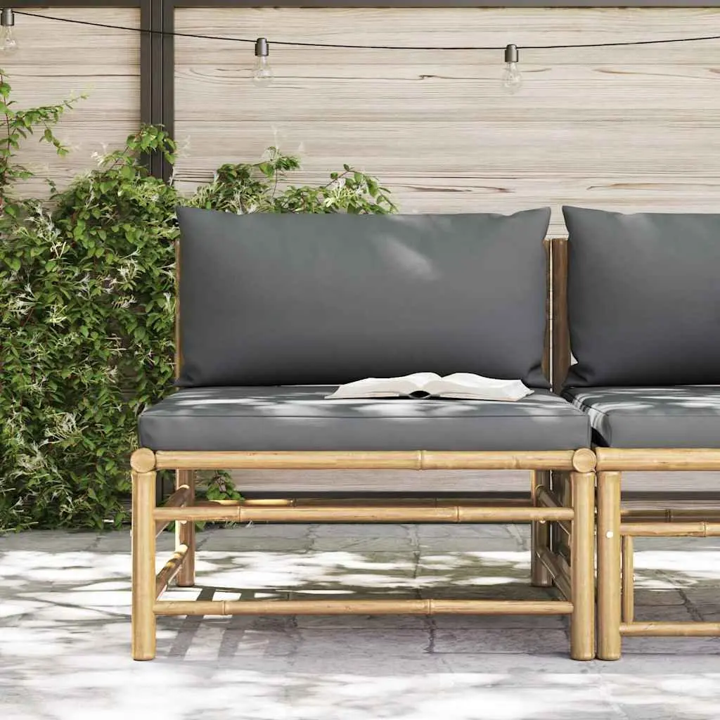 Garden Middle Sofa Bamboo Frame Modular Sectional Seating with Grey Cushions